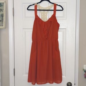 Maurices Womens L Orange Ruffle Mini Dress Crochet Back Sleeveless Boho